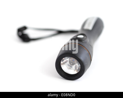 Black flashlight with hand strap isolated on white background Stock Photo