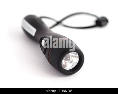Black flashlight with hand strap isolated on white background Stock Photo