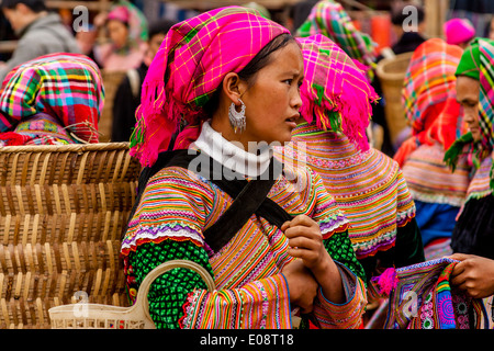 Flower Hmong People At The Sunday Market In Bac Ha, Lao Cai Province, Vietnam Stock Photo