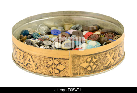 metal box full of colorful and sizes buttons isolated on white background metal box full of colorful and sizes buttons isolated on white background