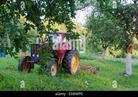 old red tractor with harrow the garden apple trees in the yard Stock Photo