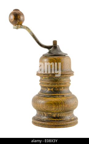 antique wooden pepper grinder isoalted on white background Stock Photo