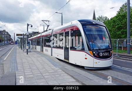Edinburgh tram at West-end Princes Street stop  in Edinburgh Scotland and heading towards York Place Stock Photo