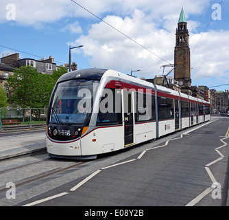 Edinburgh tram at West-end Princes Street stop  in Edinburgh Scotland and heading towards the Airport Stock Photo