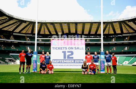 Twickenham, UK. 06th May, 2014. Number 12 players from local rugby clubs pose for a picture with the England 2015 Rugby World Cup during the 500 Days to Go Until the Rugby World Cup 2015 Announcement at Twickenham Stadium on May 6, 2014 in London, England. Credit:  Action Plus Sports/Alamy Live News Stock Photo