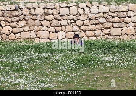 A young boy gives the Kurdish victory sign in a field of camomile, ancient Hasankeyf, the village subsequently submerged by the Ilisu dam, Diyarbakir Province, south east Turkey Stock Photo