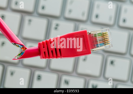 Defective network cable on keyboard, symbolic photo fue on-line, networks, disturbance and spying, Defektes Netzwerkkabel auf Ta Stock Photo