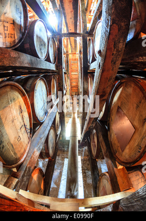 Bourbon barrels are aging in a warehouse Stock Photo