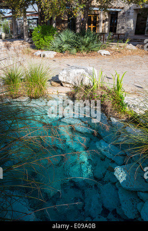 Blue water from a spring at the Lady Bird Johnson Wildflower Center. Austin, Texas, USA. Stock Photo