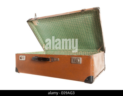 open vintage old leather suitcase, isolated white Stock Photo