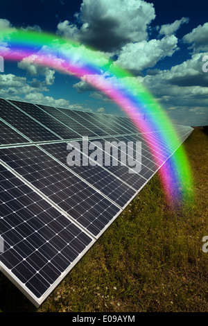 sun panels and rainbow on blue sky with clouds background