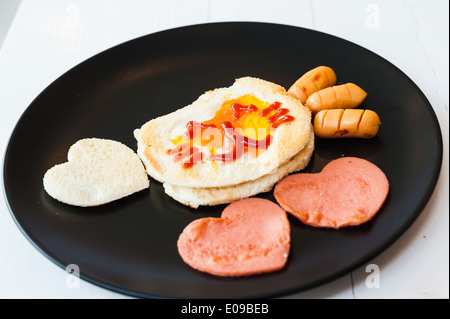 Cat Fried Egg with Hearts sausage . Stock Photo