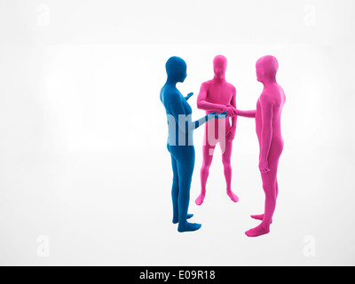 a woman dressed in blue suit persuades two men dressed in pink to raise shake hands Stock Photo