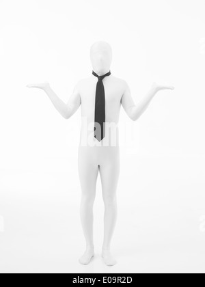 Business man dressed in white leotard with black tie standing straight with hands raised, wondering gesture Stock Photo