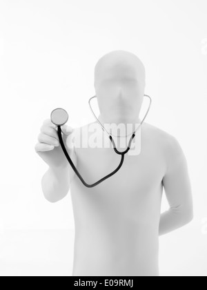 faceless man dressed in white, holding stethoscope  Stock Photo