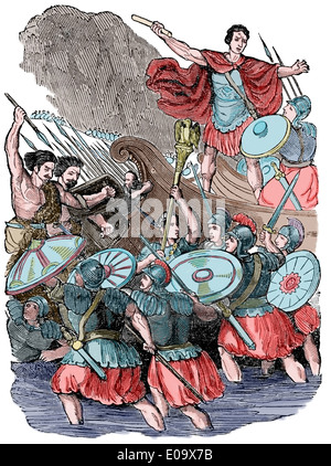 Invasion of Britain. Julius Caesar (100 BC-44 BC) in England. Disembark. Engraving. Color. Stock Photo