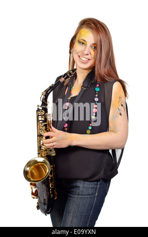 woman with saxophone isolated on white background Stock Photo