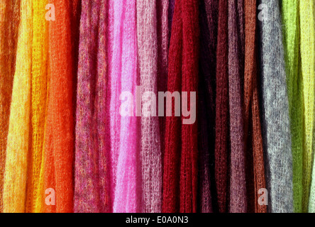 Multicolored knitted blankets, perfect stripes background Stock Photo