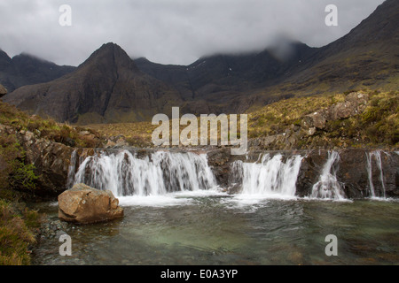 waterfalls on the Allt Coir a Mhadaich river with the Black Cuillins in the background, Isle of Skye, Scotland Stock Photo