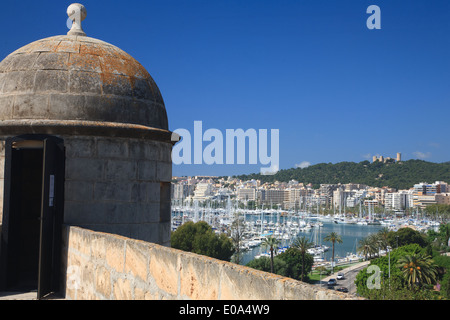 View of Palma from the old city walls and the Es Baluard Museum of Modern and Contemporary Art looking towards Bellver Castle Stock Photo