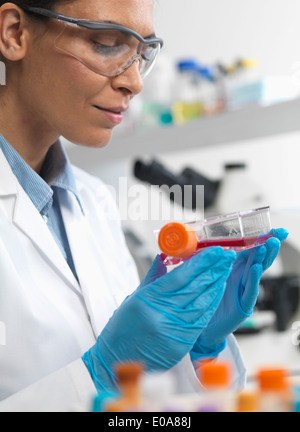 Female cell biologist holding a flask containing stem cells, cultivated in red growth medium, to investigate disease Stock Photo