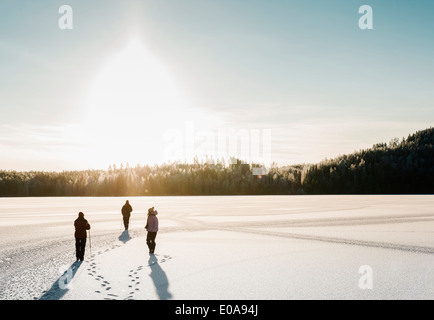 Three people nordic walking through snow covered field