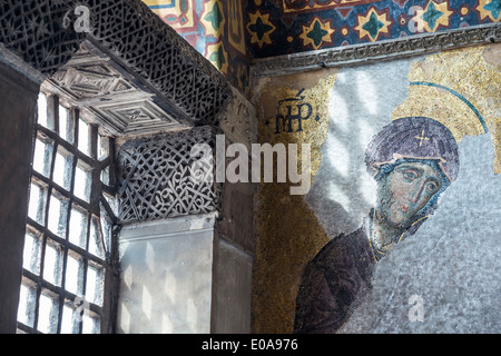 Detail of a13th cen. Byzantine Deesis mosaic, showing the Virgin Mary. Upper gallery Hagia Sophia, Sultanahmet, Istanbul, Turkey Stock Photo