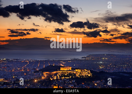 View of Athens and the Acropolis from Lycabettus hill, Attica, Greece. You can see all the way down to Piraeus port.
