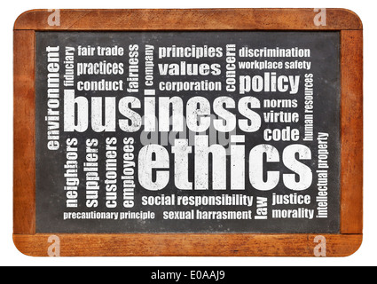 business ethics word cloud on a vintage blackboard Stock Photo