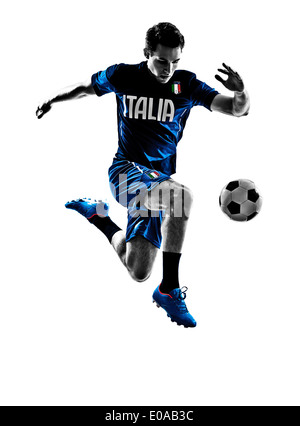 one italian soccer player man playing football jumping in silhouette white background Stock Photo