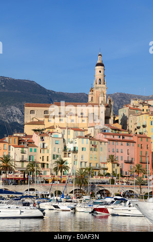 Old Town and Cathedral above the Pleasure Port or Harbour Menton Alpes-Maritimes France Stock Photo