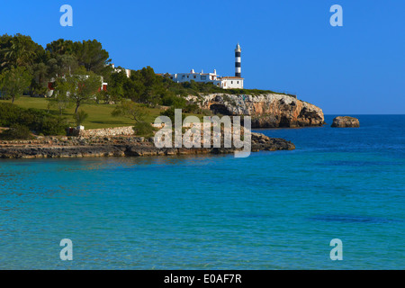 Mallorca, Porto Colom, Punta de Ses Crestes lighthouse, Felanitx, Palma, Majorca, Balearic Islands, Spain, europe Stock Photo