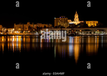 Malaga Harbour city reflection on the water Stock Photo