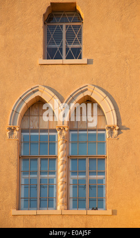 Lensic Performing Arts Center windows. The building is a combination of Spanish Renaissance and Moorish architecture. Stock Photo