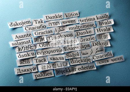 Thank You Word Cloud printed on paper on blue font Stock Photo