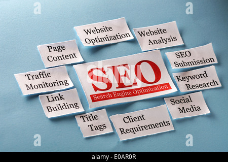 SEO Word Cloud printed on paper on blue  Stock Photo