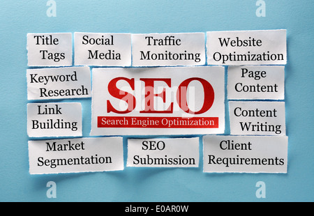 SEO Word Cloud printed on paper on blue  Stock Photo