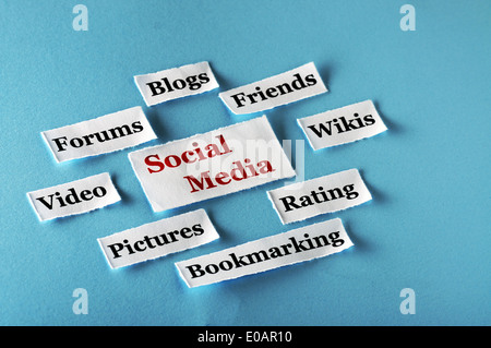 Social Media Word Cloud printed on paper on blue  Stock Photo