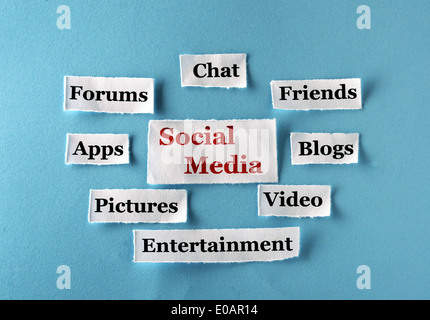 Social Media Word Cloud printed on paper on blue  Stock Photo