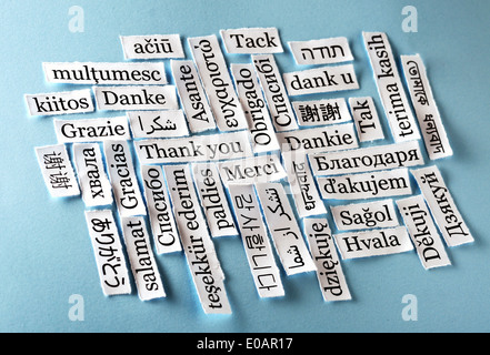 Thank You Word Cloud printed on paper on blue font Stock Photo