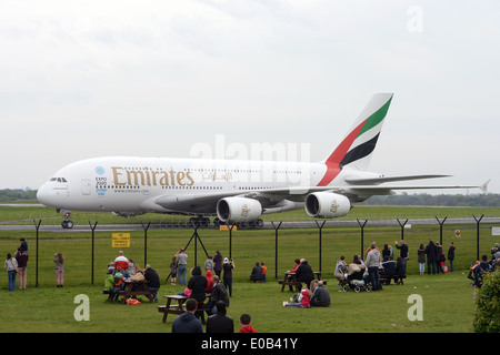 An Emirates Airbus A380 taxiing at Manchester Airport. Stock Photo
