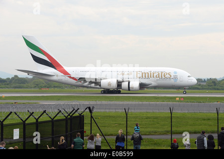 An Emirates Airbus A380 super jumbo taxiing at Manchester Airport. Stock Photo