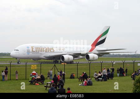 An Emirates Airbus A380 super jumbo taxiing at Manchester Airport. Stock Photo