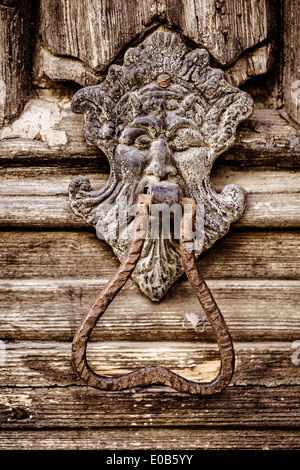 an old and rusty lion shaped door knocker on an antique wooden door Stock Photo