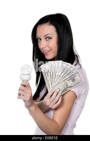 Woman with energy savings lamp Stock Photo