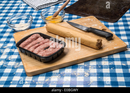 Making sausage rolls using ready rolled pastry, ingredients(4 of 58) Stock Photo