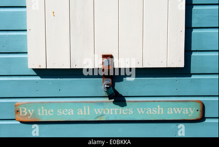 Sign on a beach hut in New Romney, Kent, UK Stock Photo