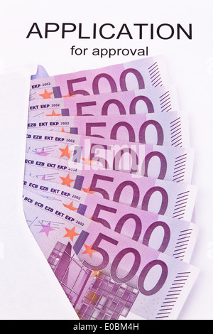 A lot of euro of bank notes and application into English language, Viele Euro Geldscheine und Antrag in englischer Sprache Stock Photo