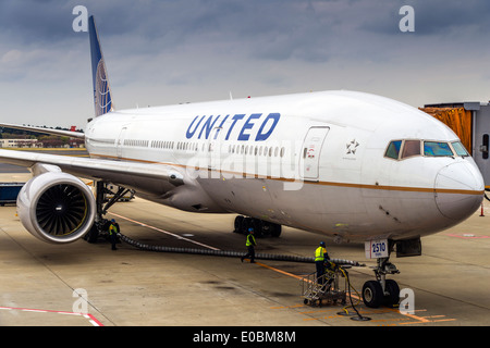 United Airlines Boeing 777 parked at gate, Narita international airport, Tokyo, Japan Stock Photo