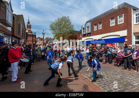 The Plumpton Black Brook Childrens Morris Dancers Perform In The Precinct, Lewes, Sussex, England (May Day 2014) Stock Photo